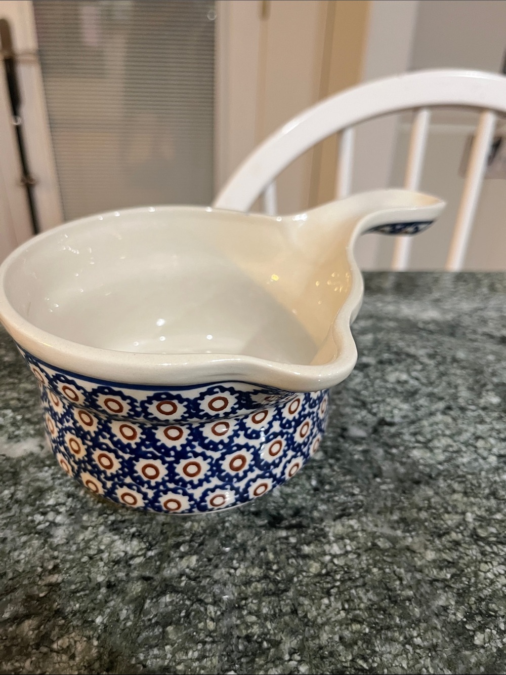 Blue and White Ceramic Pouring Bowl with Geometric Pattern